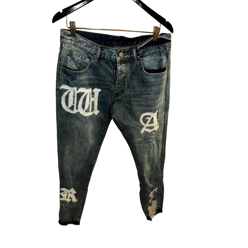 MNML Mens Blue‎ Old English Letter Patch Distressed Straight Leg Jeans Size 34